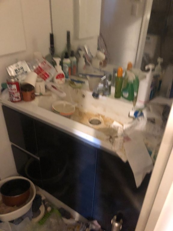 洗面台に積み上がった日用品と使用済み容器を撤去している様子