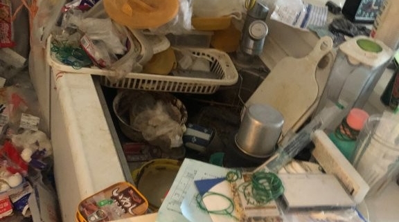 シンクや調理台が生活ゴミで埋まった台所の片付け前の状態｜ゴミ屋敷 キッチン清掃 三鷹市